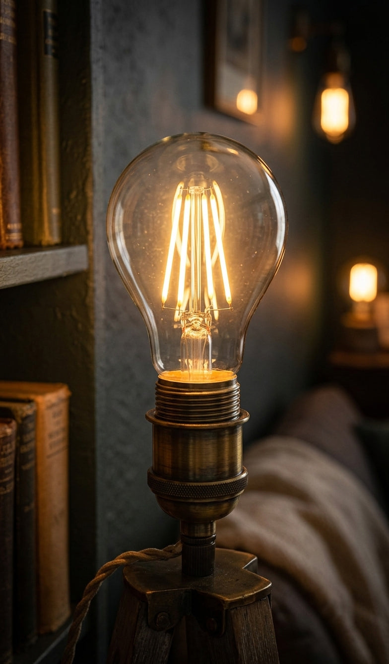 LUMOnova Classic Filament A60 auf Stativleuchte im Wohnraum
